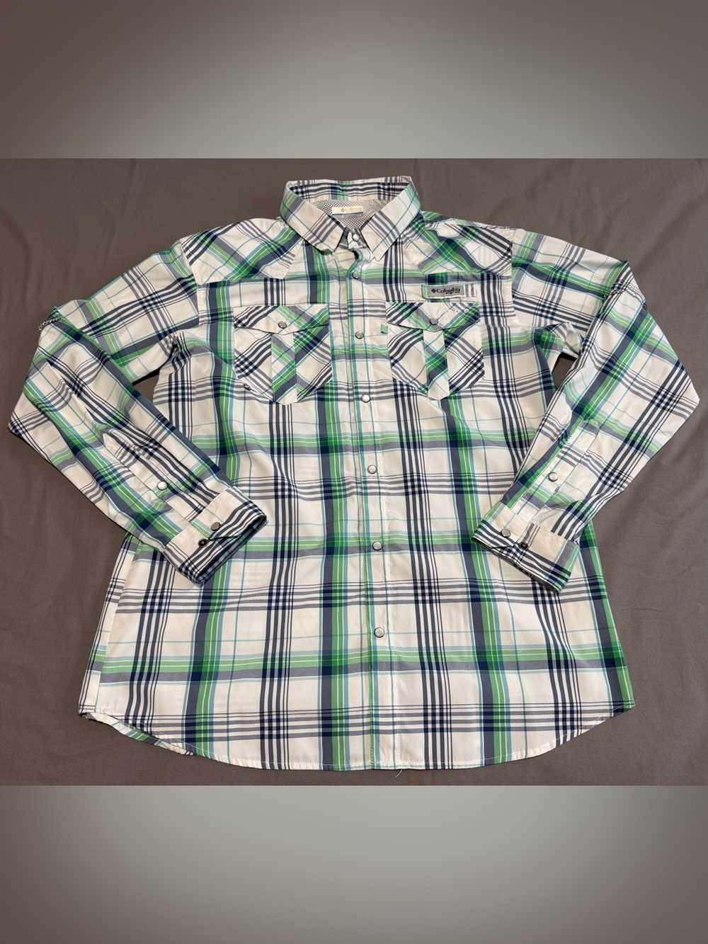 Columbia PFG Pearl Snap Plaid Shirt Mens Large Long Sleeve Fish Vented